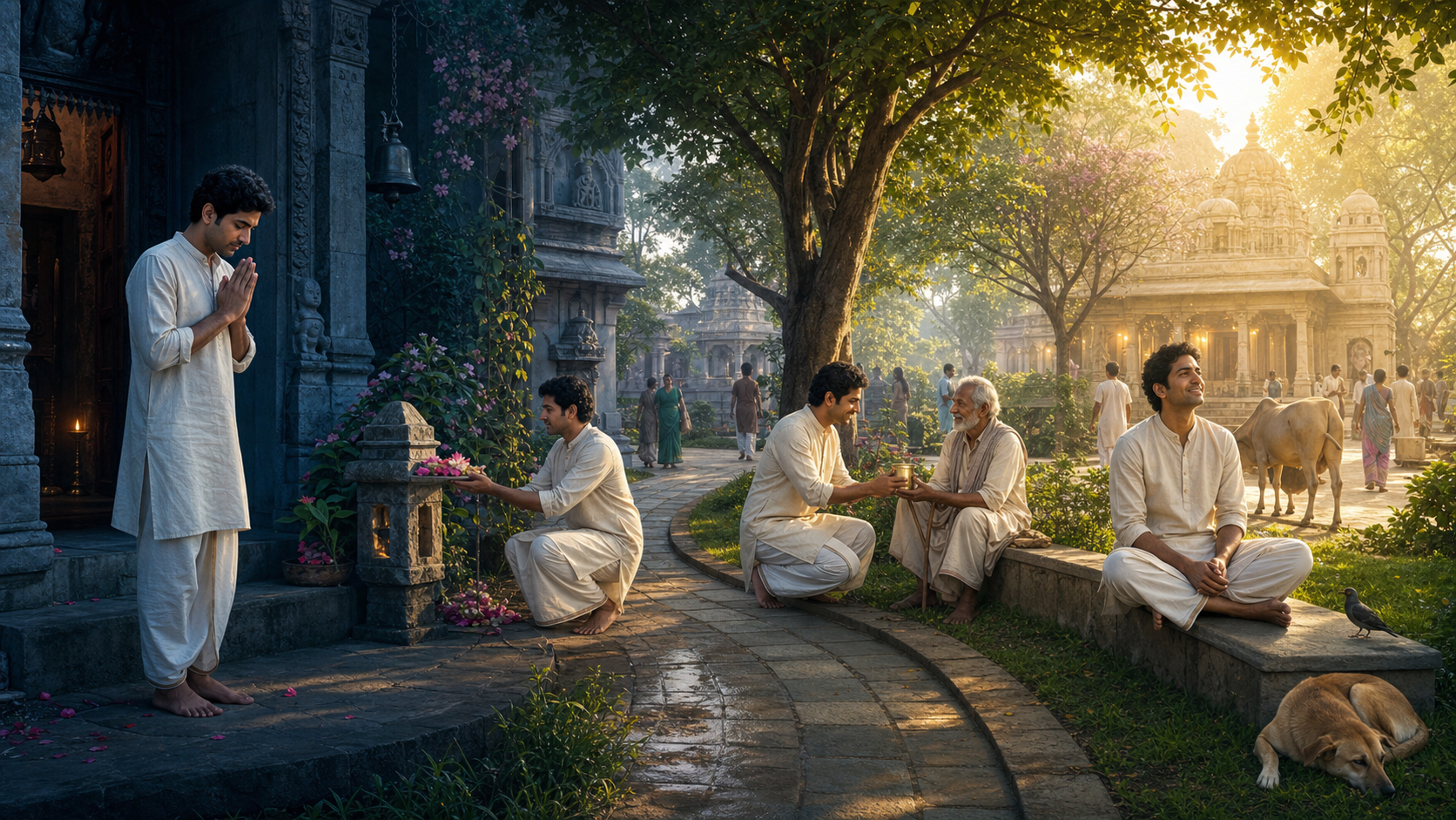 The same devotee appears along a temple garden path, progressing from anxious prayer to offering flowers, serving water, and peaceful contemplation.
