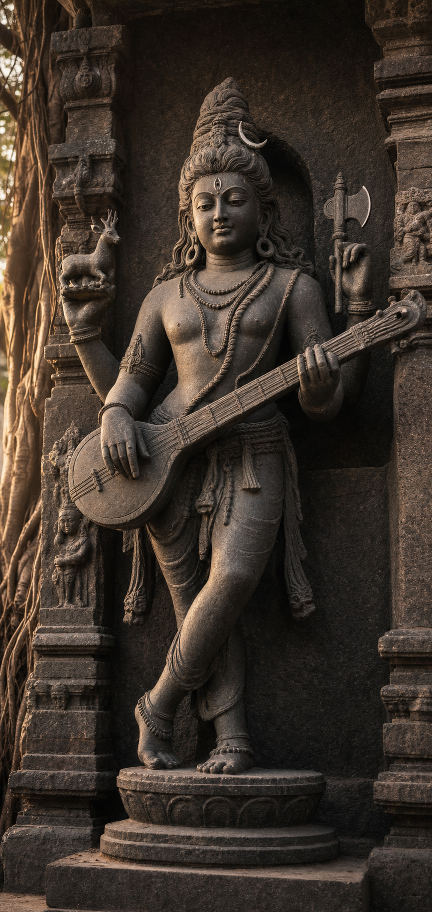 Standing four-armed Shiva plays a long vina in a shadowed stone niche on the southern wall of a temple.