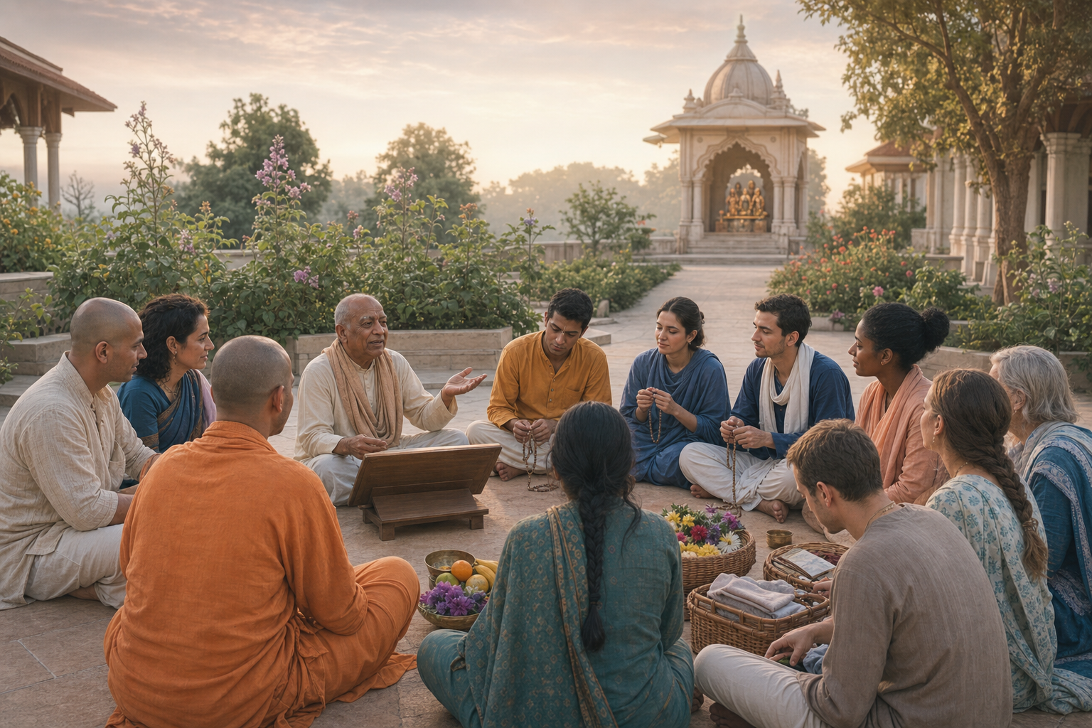 A multigenerational circle of devotees studies, chants on beads, and organizes service together in a sunlit temple courtyard.