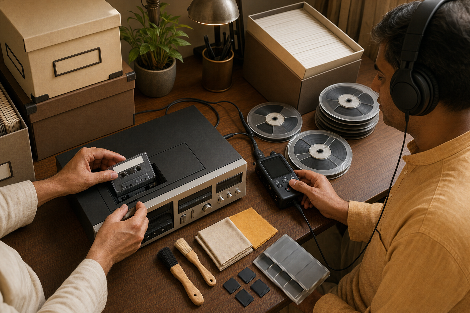 Two people carefully digitize an unbranded audio cassette beside old recording reels, cleaning tools, and archival storage boxes.