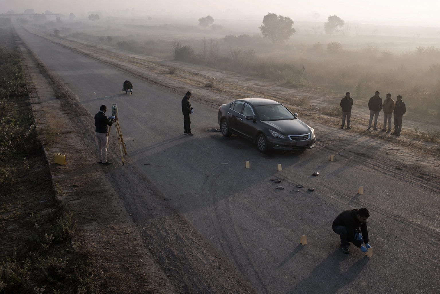 Civilian forensic investigators independently examine an empty road, an unmarked vehicle, tire impressions and scattered evidence while police personnel remain at a distance.