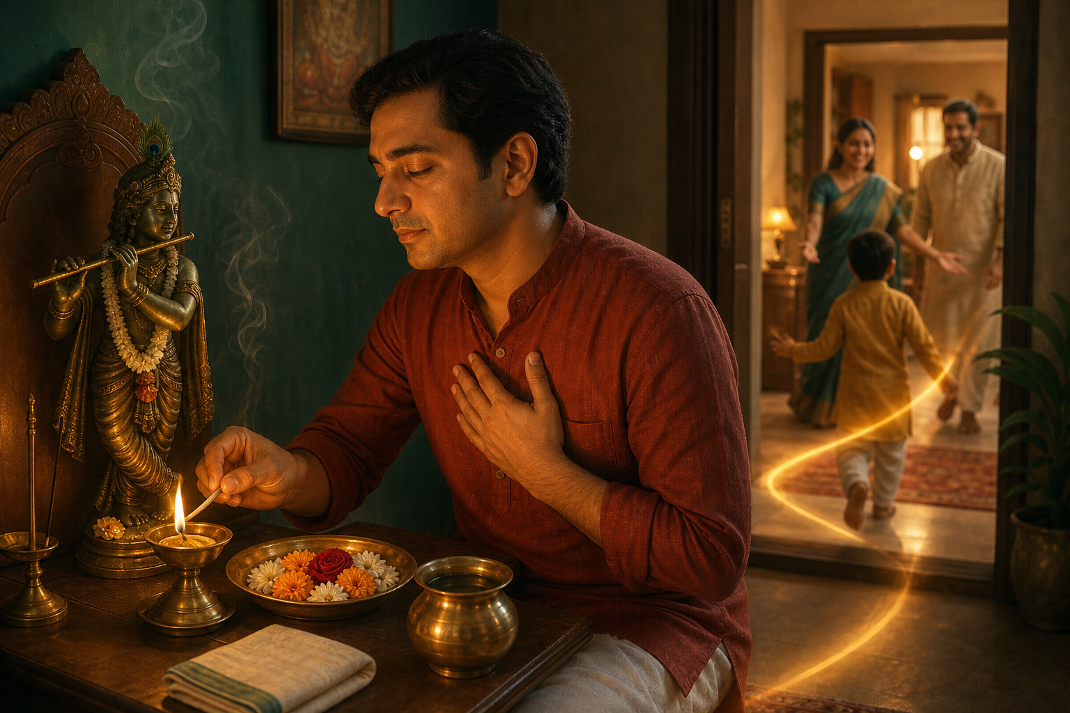 A devotee lights a brass lamp before a small Krishna shrine while family members gather through an open doorway.