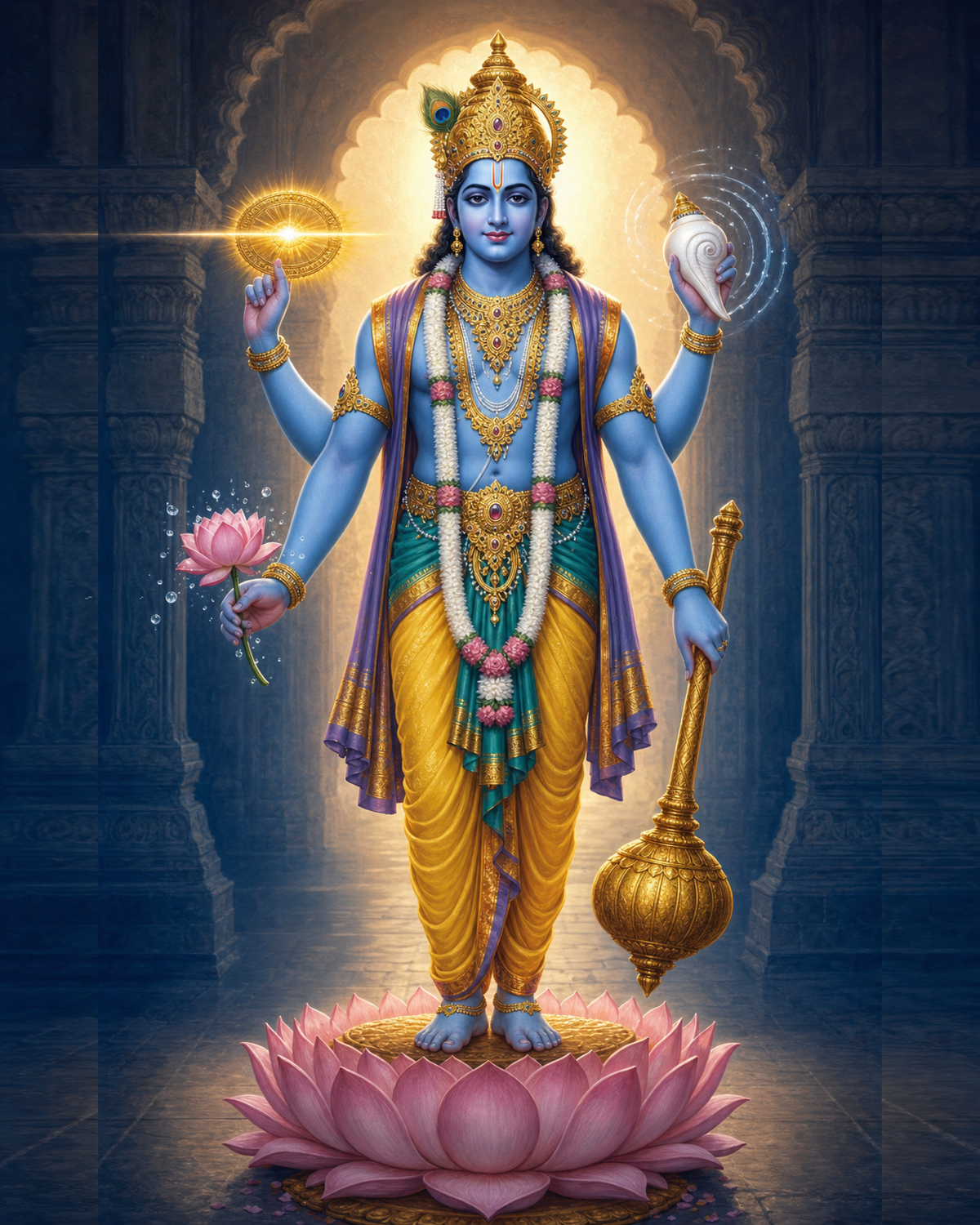 Four-armed Vishnu stands in a temple sanctuary holding a white conch, golden discus, gold mace, and pink lotus as warm light enters behind him.