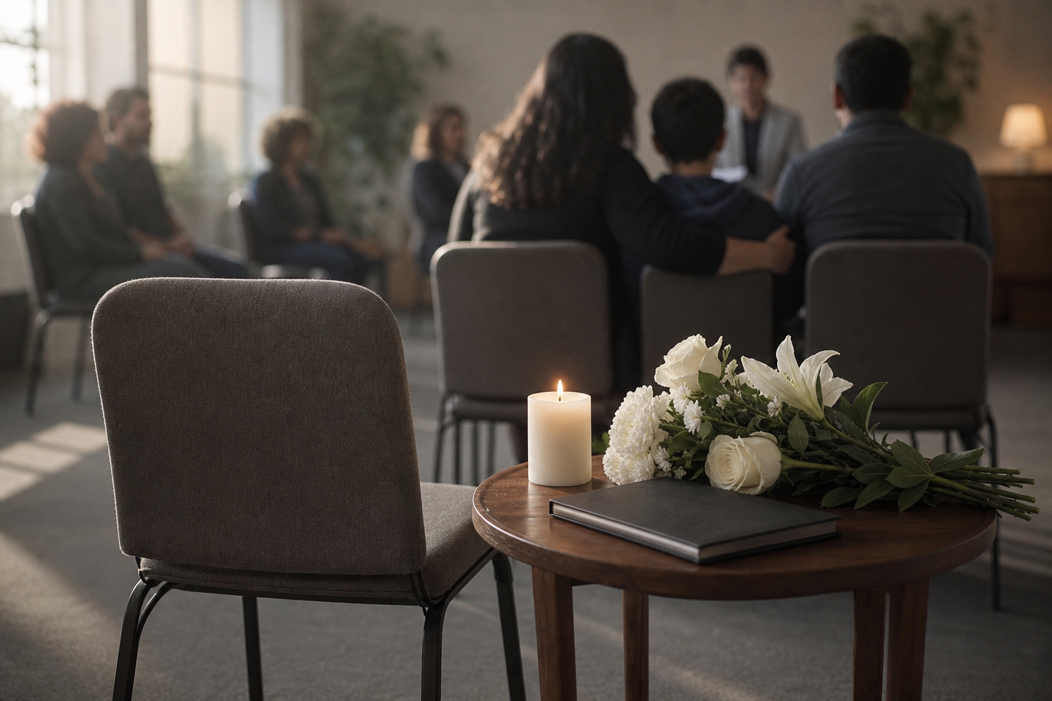 An empty chair beside white flowers and a candle stands in focus while a grieving family, a legal advocate and community members sit together in the softly blurred background.