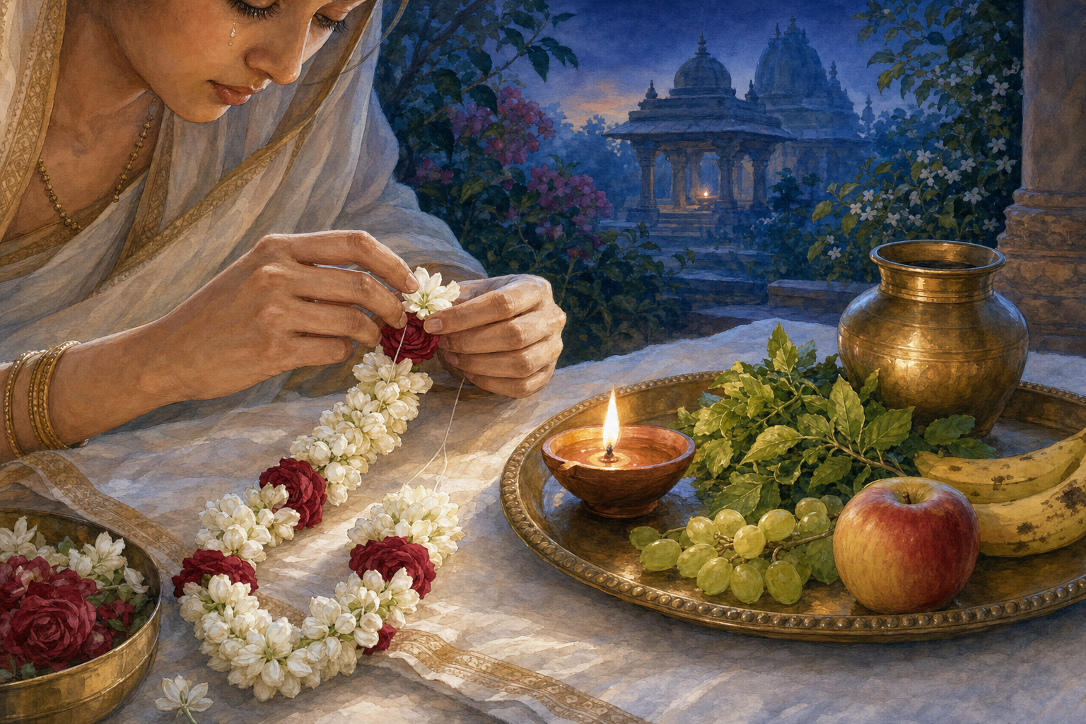 A tearful devotee carefully threads a flower garland beside a tray of tulsi leaves, fruit, a lamp, and water before sunrise.