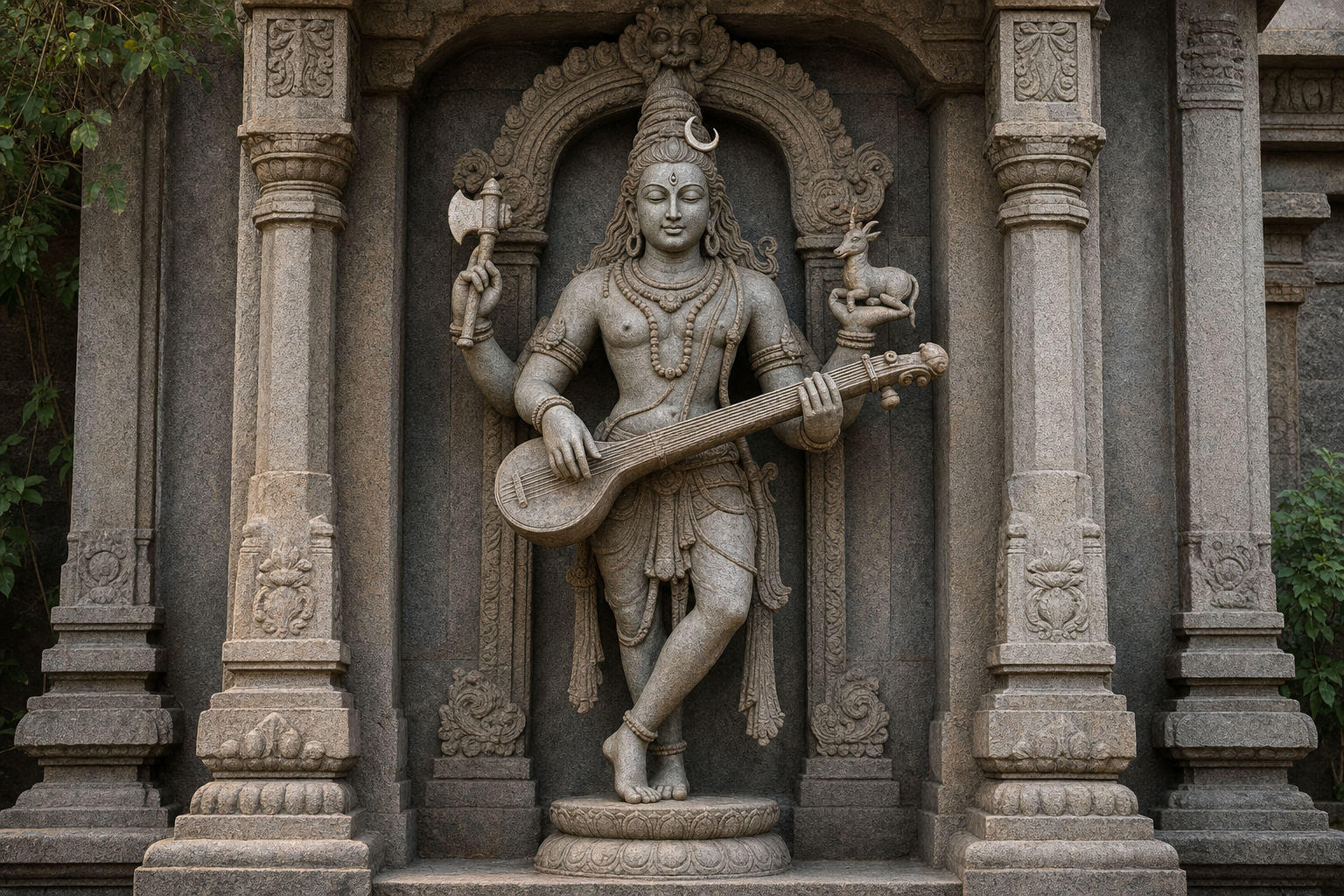 Full view of a standing Vinadhara Dakshinamurti sculpture with a vina, antelope, axe, matted hair, third eye, and sacred thread.