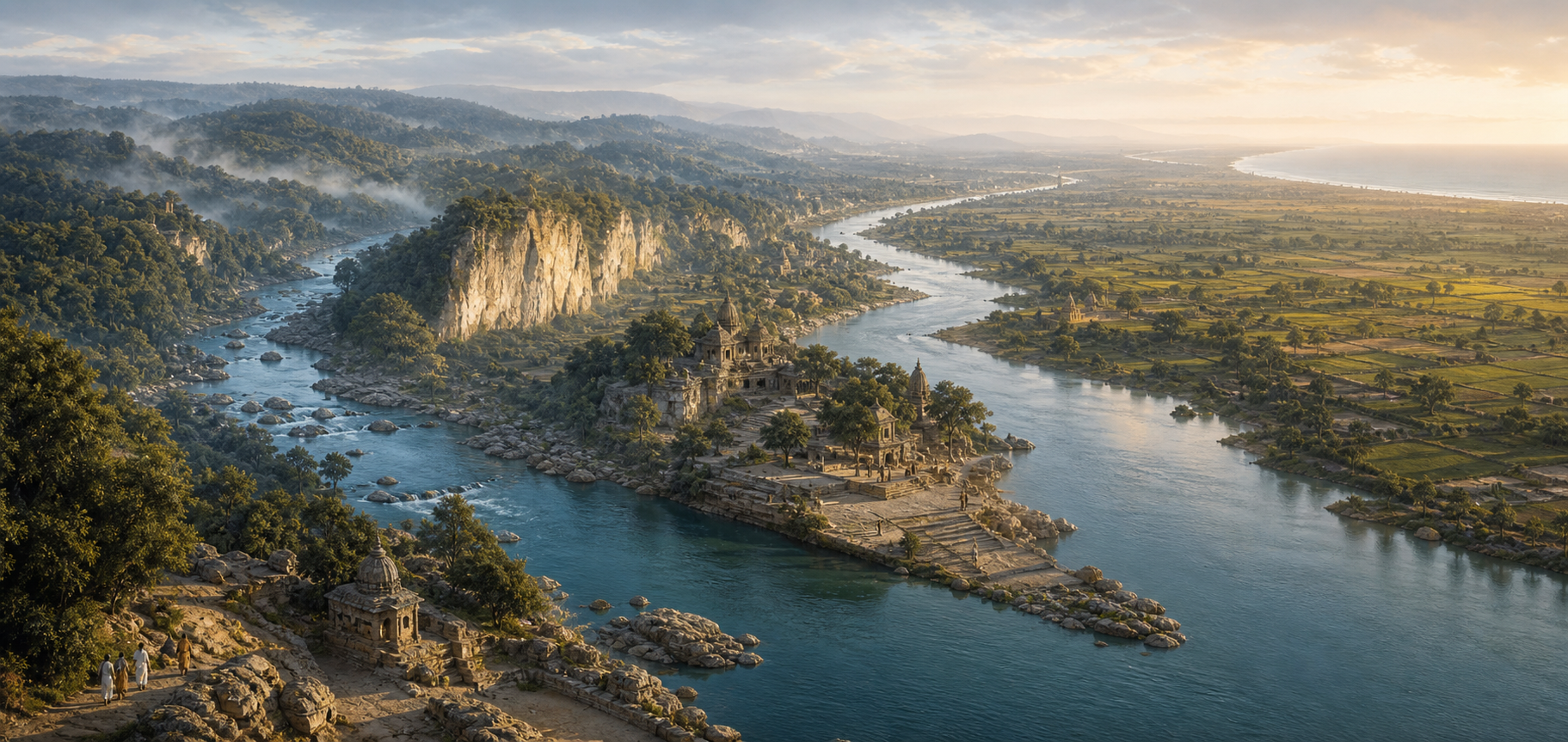 The Narmada flows from forested highlands through marble cliffs, a fertile valley, temple ghats, and toward a bright western horizon as pilgrims walk beside the river.