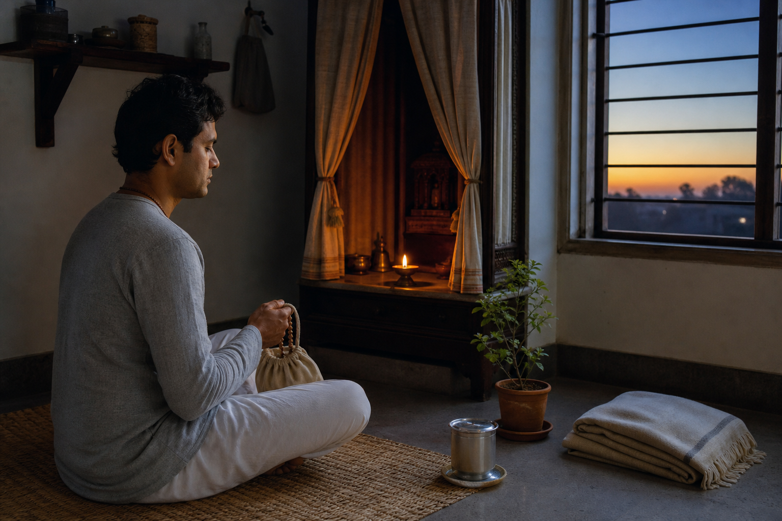 A devotee chants on beads in a simple home prayer space before sunrise beside a tulasi plant and oil lamp.