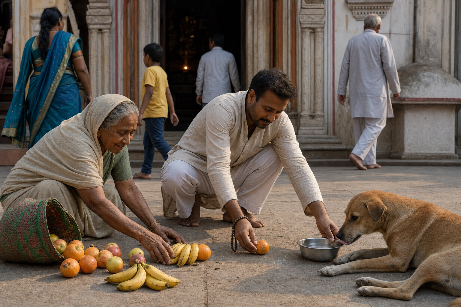 A devotee helps an older person collect spilled fruit and sets water beside a resting dog outside a temple courtyard.