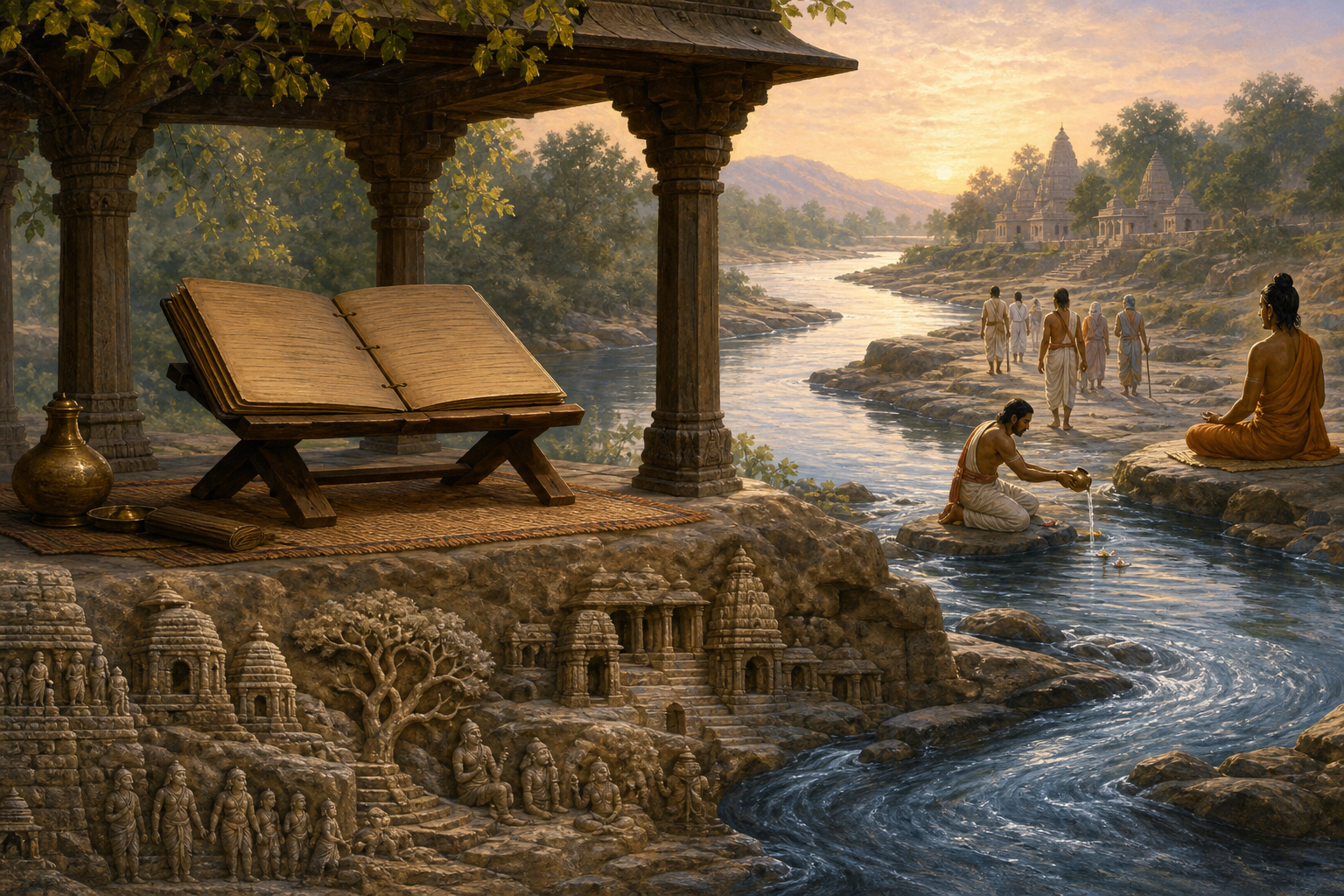 A river connects a sacred landscape, an open palm-leaf manuscript, and pilgrims engaged in walking, offering water, and contemplation.