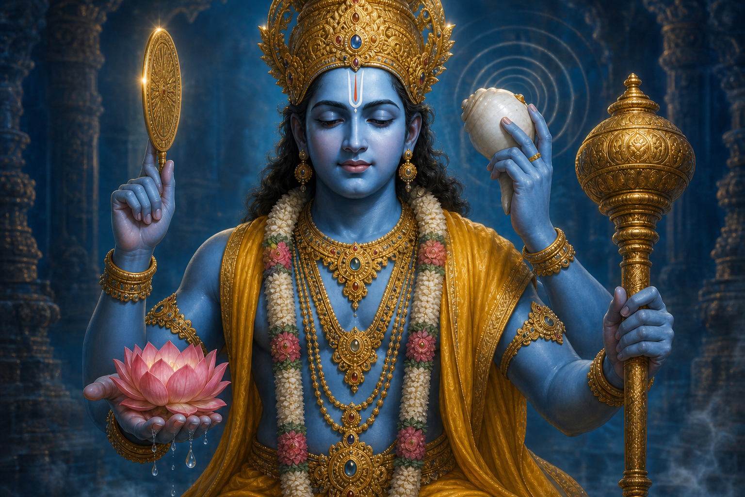 A close view of Vishnu's four blue arms shows a conch with rippling air, a gleaming discus, an upright mace, and a lotus held above water droplets.