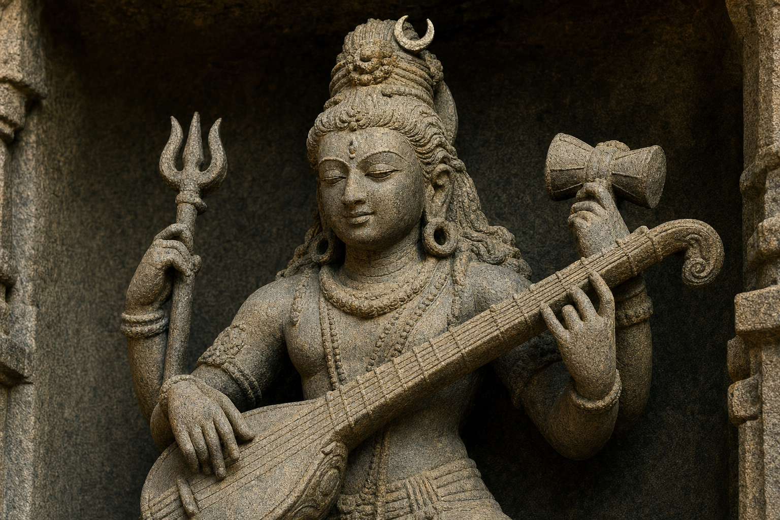 Close view of Vinadhara Dakshinamurti showing the serene face, matted hair, four hands, Shaiva attributes, and vina.