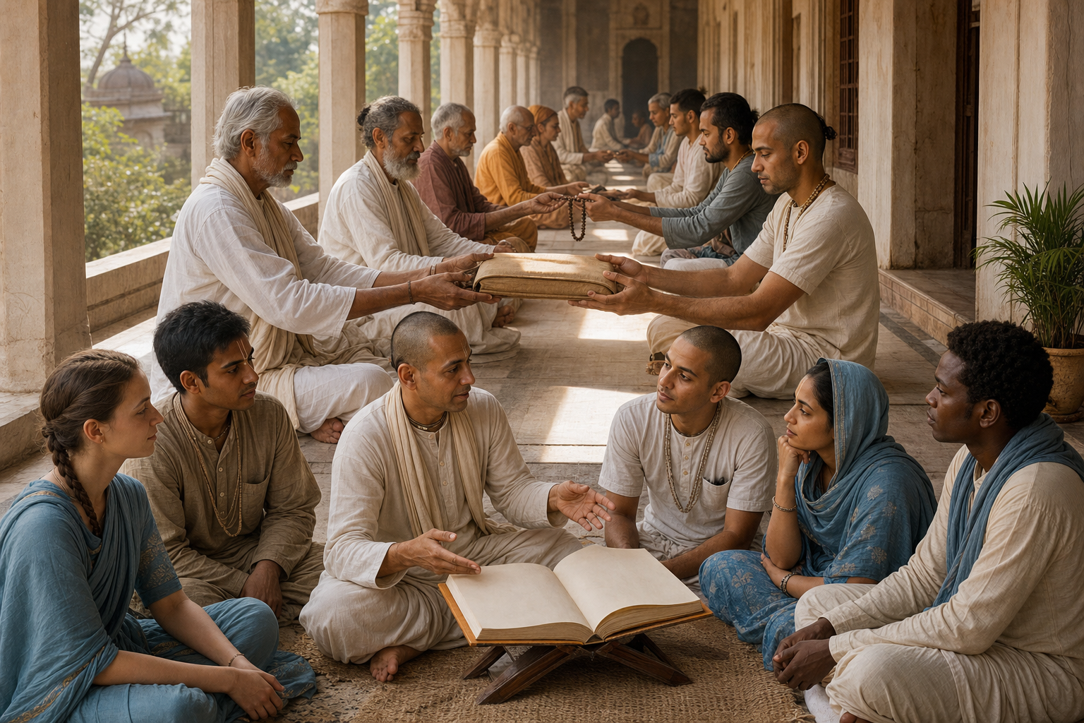 Teachers and students sit along a temple veranda as scriptures and prayer beads are passed carefully across generations.