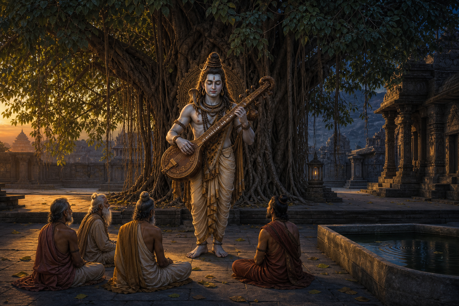 Vinadhara Dakshinamurti plays a vina beneath a banyan tree while seated sages listen in a quiet temple courtyard.