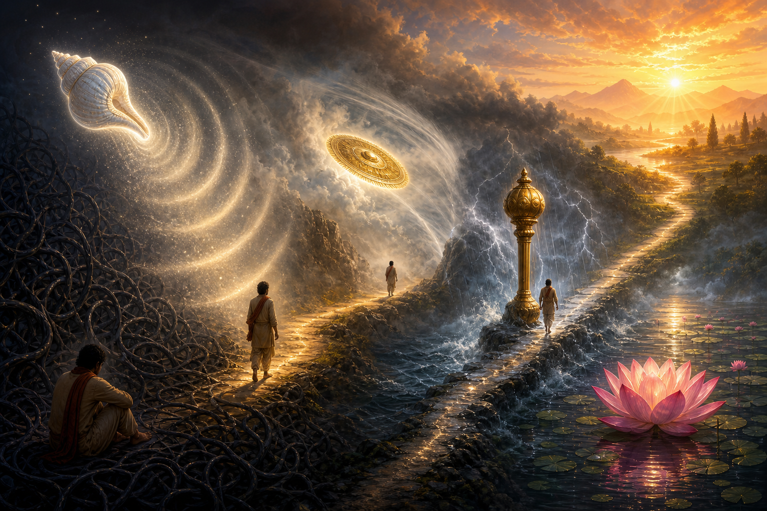 A traveler moves from tangled shadows toward sunrise as a conch reveals the path, a discus opens a veil of mist, a mace guards a crossing, and a lotus blooms from dark water.