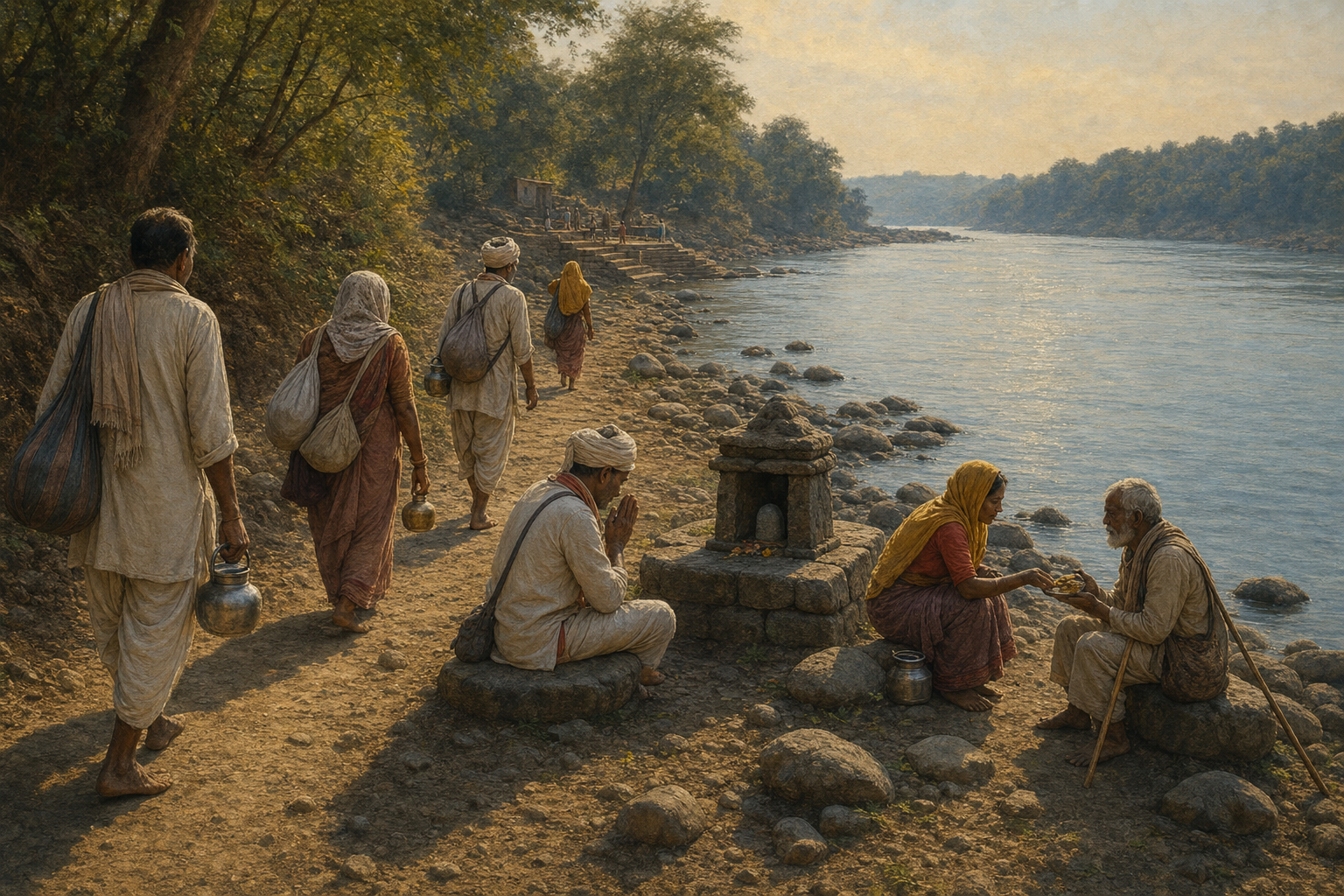 Pilgrims walk in single file beside the Narmada, while two travelers pause near a small stone shrine to share food and offer respect.