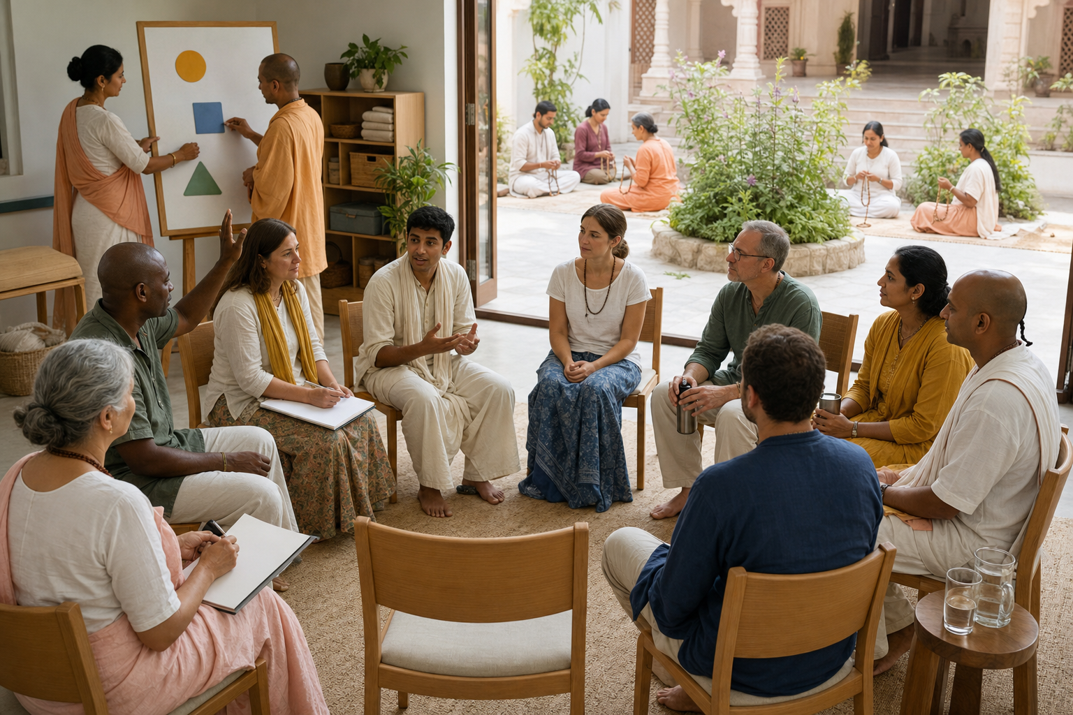 A diverse circle of devotees holds an open community meeting while other members chant in a protected courtyard garden nearby.