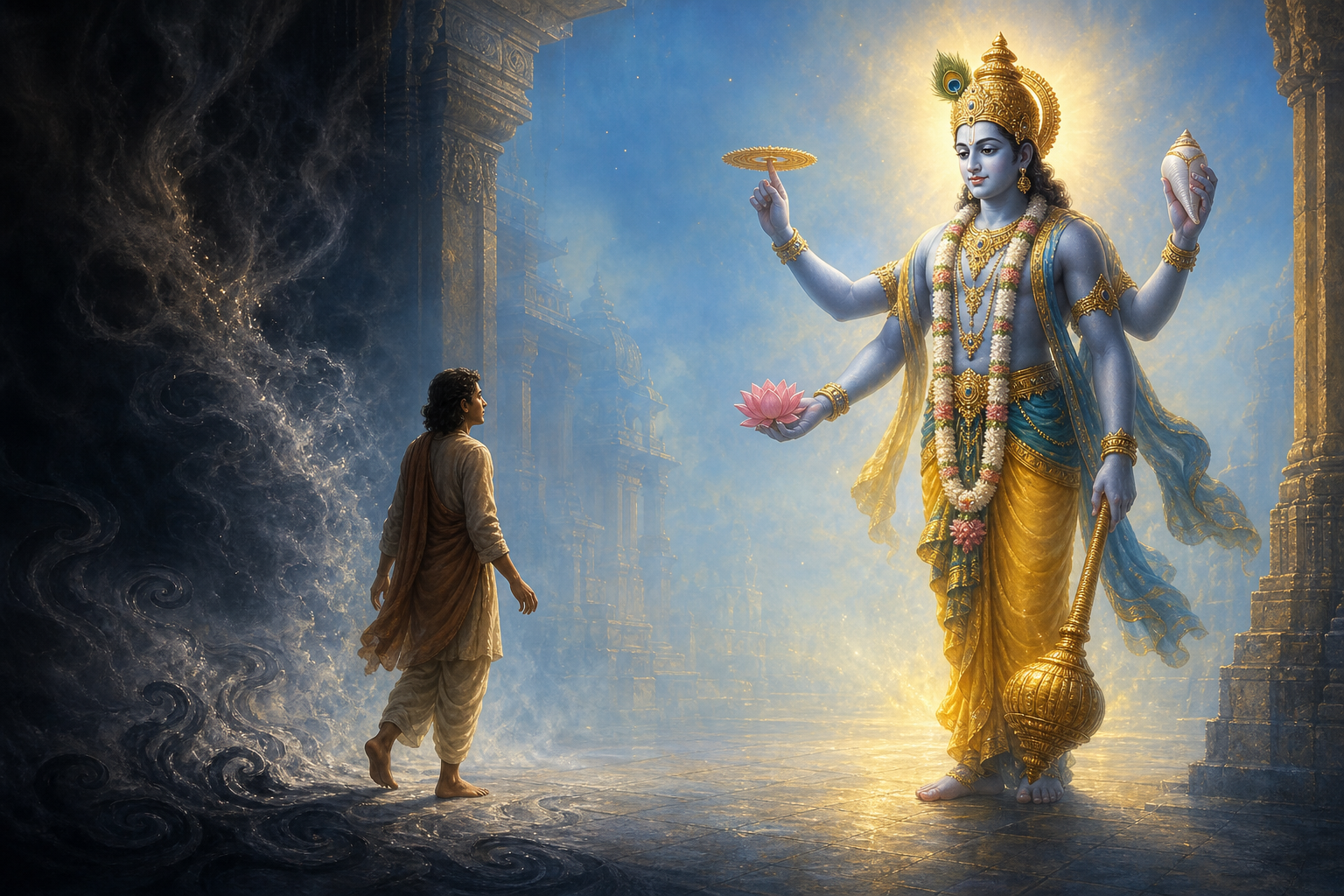 Vishnu holds a conch, discus, mace, and lotus while a devotee approaches freely and dark coils at the devotee's feet dissolve into mist.