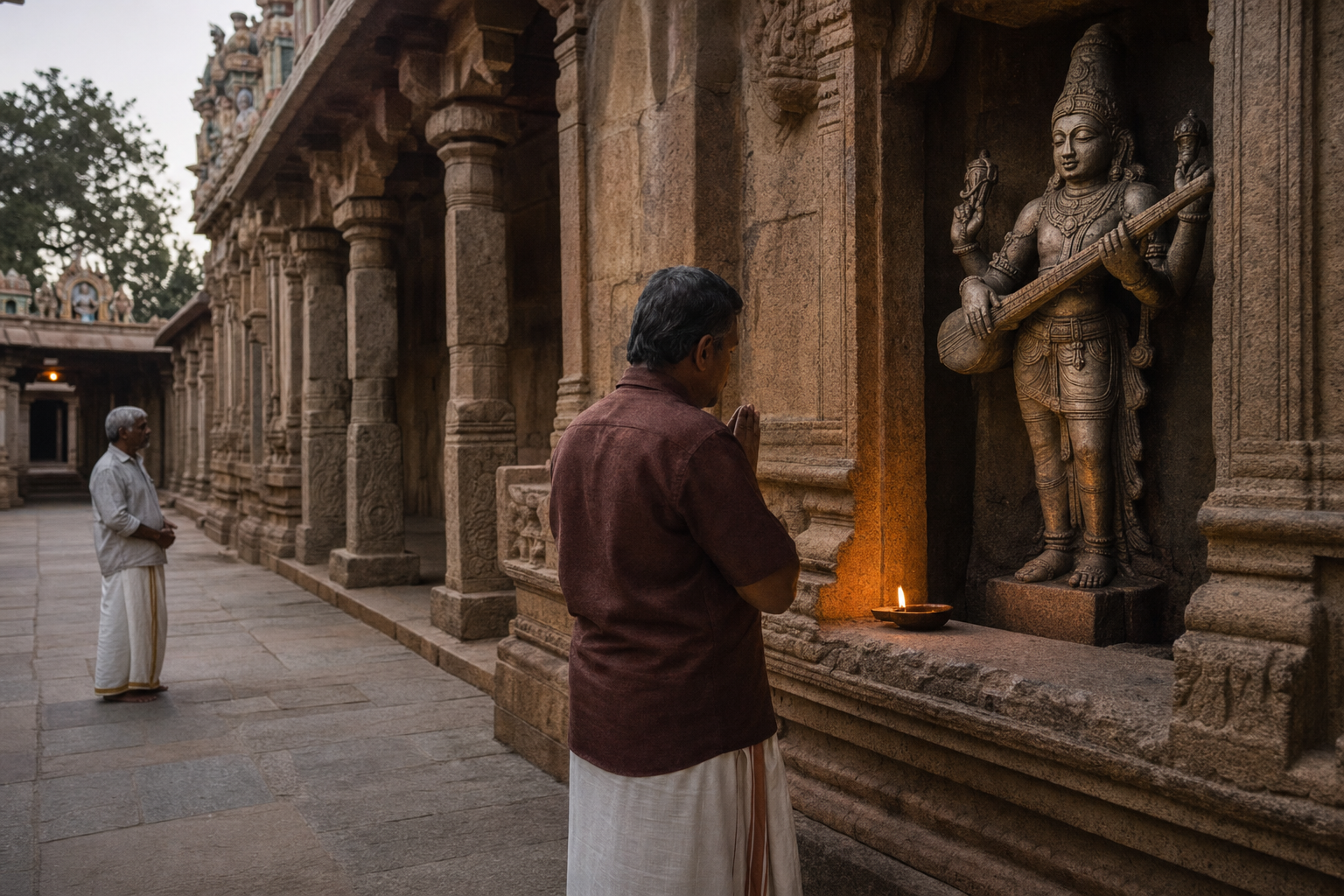 A devotee with joined hands and another attentive visitor pause before Vinadhara Dakshinamurti in a temple wall niche.