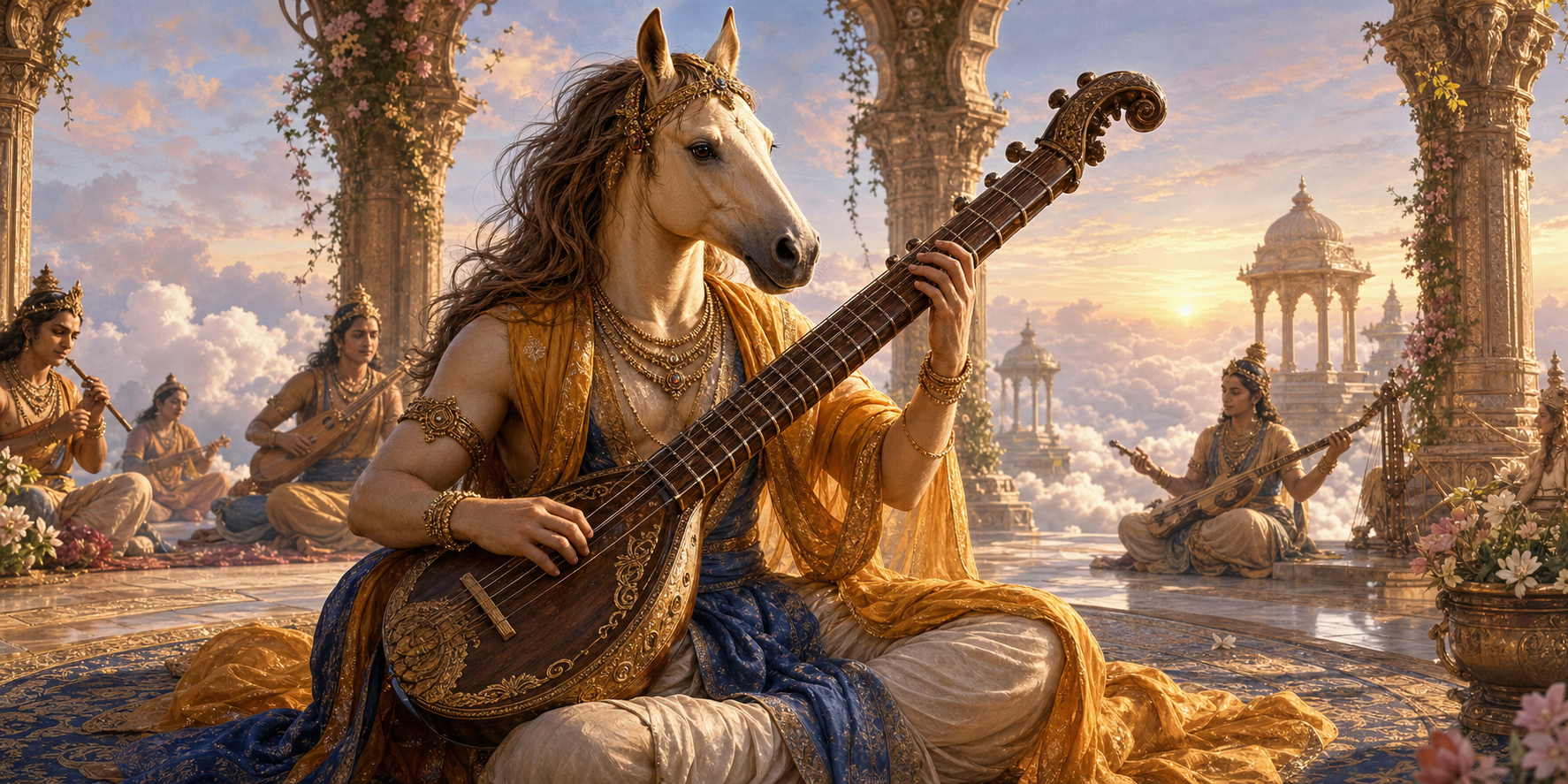Horse-faced celestial musician Tumburu plays a long-necked vina in a luminous heavenly pavilion while other musicians perform in the distance.