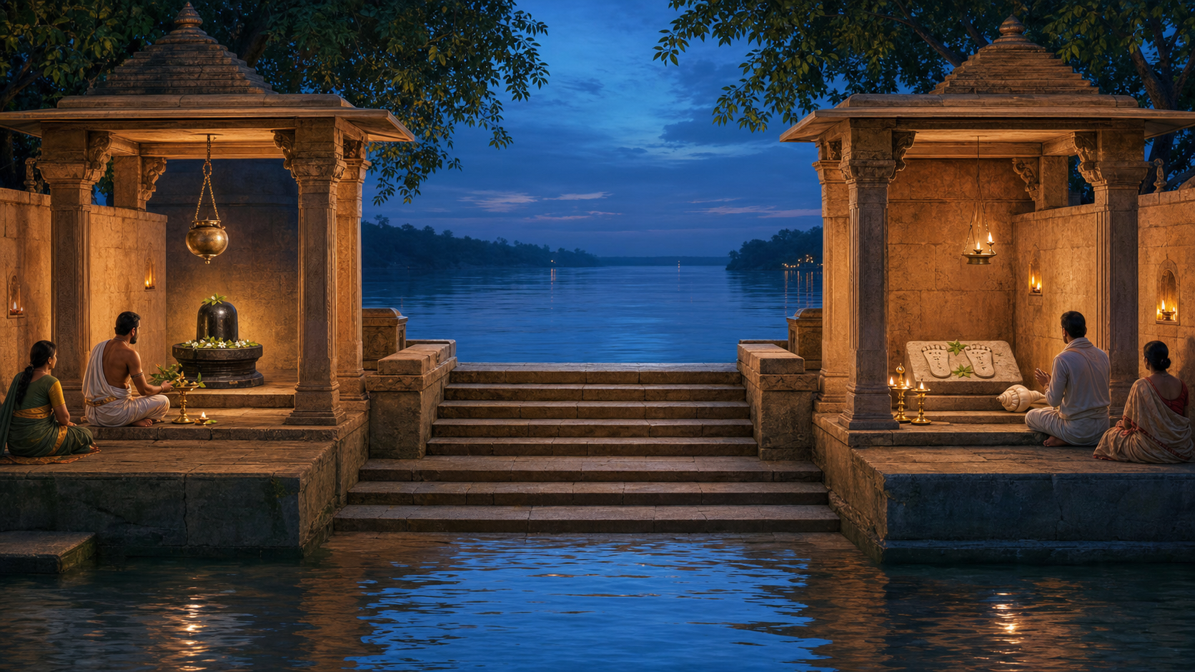 Separate Shaiva and Vaishnava shrines stand on opposite sides of a stone ghat, where devotees worship beside the same river at twilight.