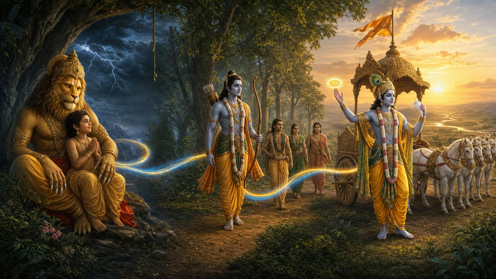 Narasimha protects Prahlada, Rama carries a bow through a forest passage, and Krishna guides beside a chariot as one blue-and-gold light leads toward sunrise.