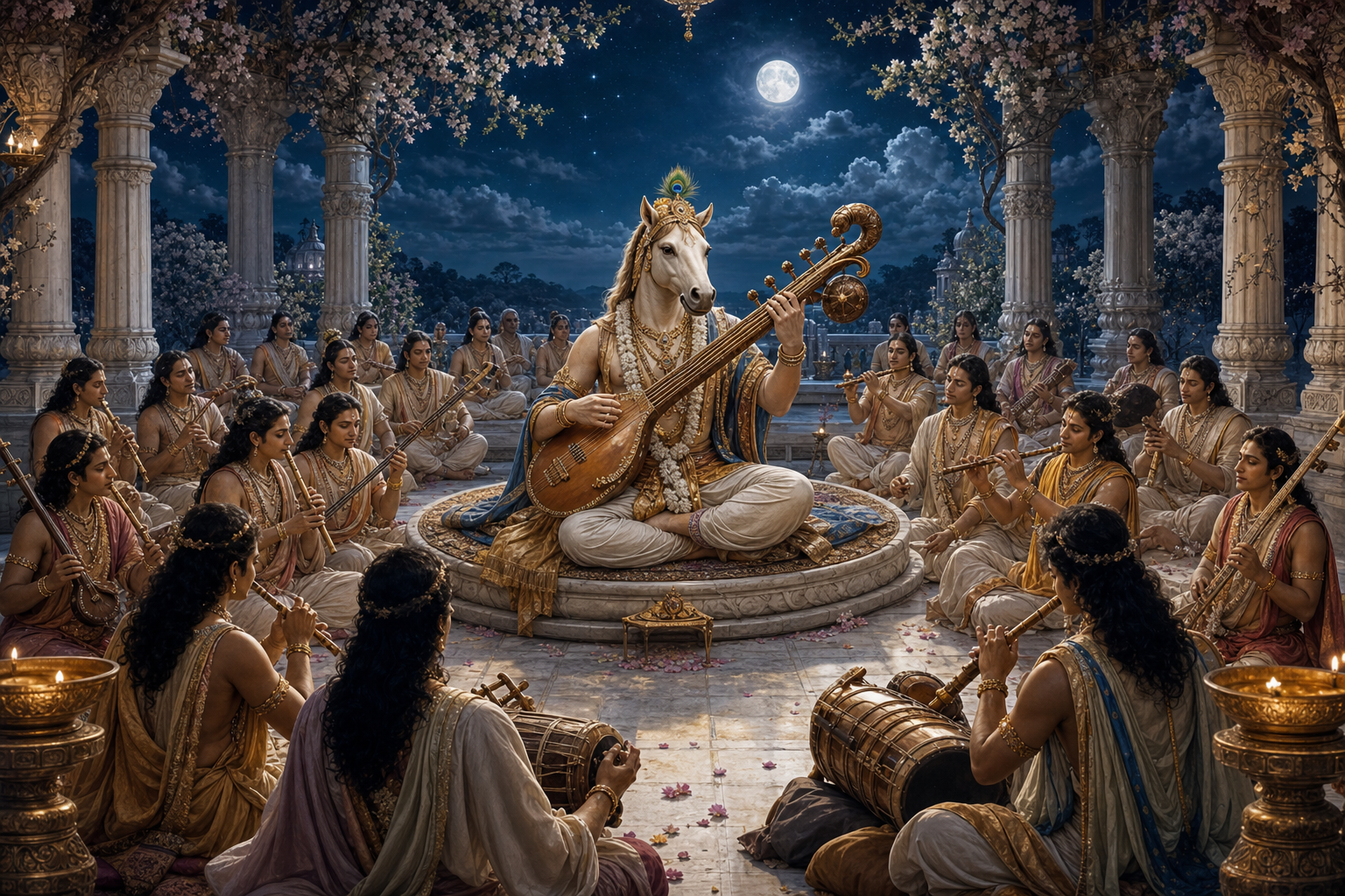 Tumburu leads a semicircle of celestial singers and instrumentalists on a moonlit terrace.