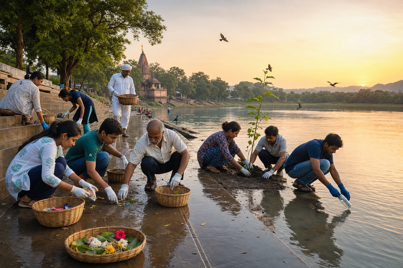Residents, pilgrims, and volunteers clean a Narmada river ghat, separate natural offerings, plant native saplings, and collect a water sample.