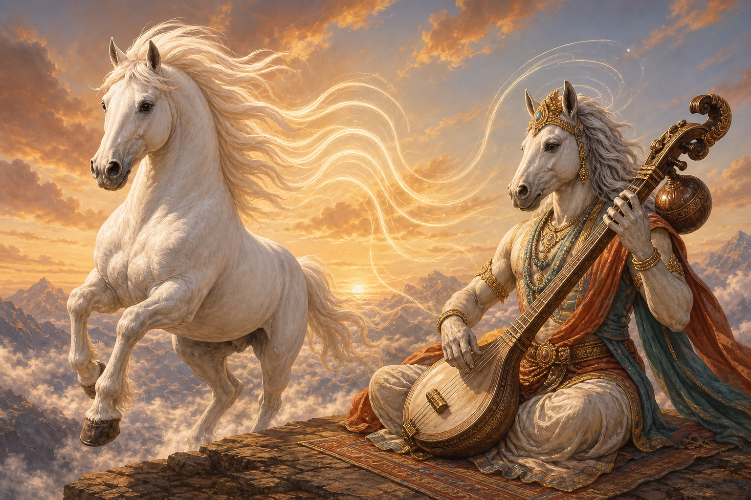 Tumburu plays a vina beside a moving white horse as evenly spaced luminous ripples connect the animal's flowing mane with the instrument.