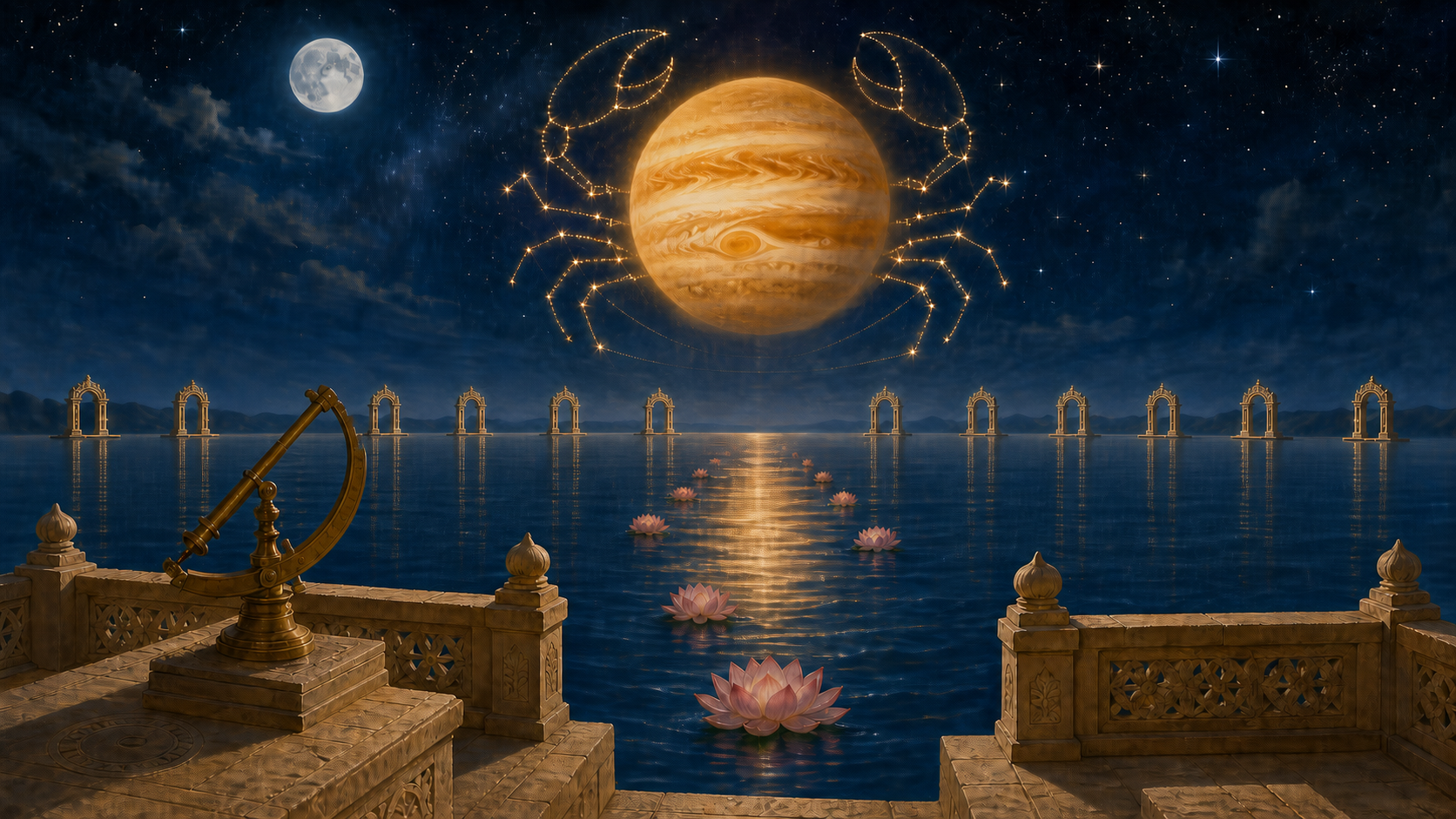 Golden Jupiter glows above a moonlit cosmic ocean within a crab-shaped constellation, viewed from an Indian astronomical observatory terrace.