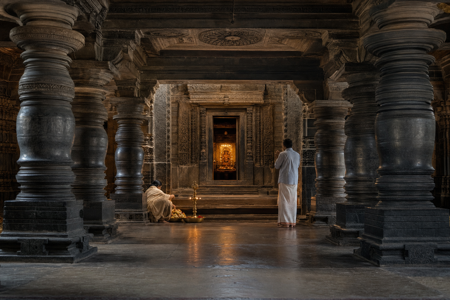 Devotees stand quietly among carved soapstone pillars and oil lamps inside a Hoysala-era temple hall.