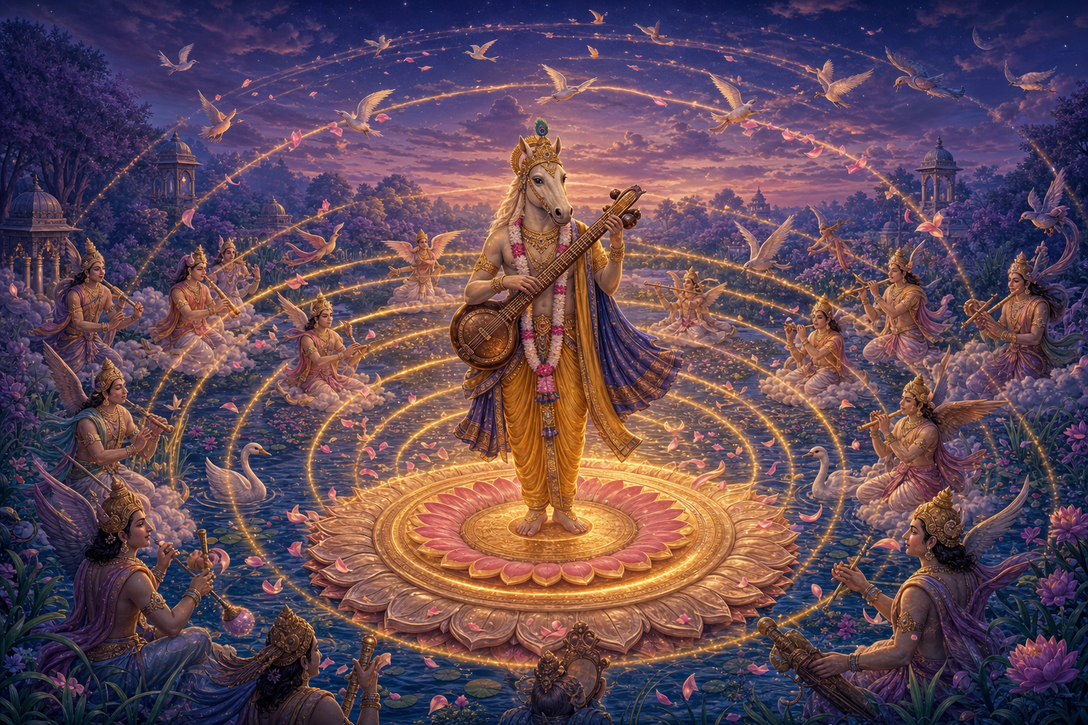 Golden waves radiate from Tumburu's vina and arrange flowers, birds, clouds, and celestial musicians into a balanced pattern.