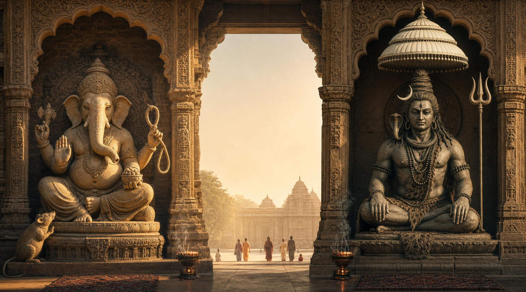 Two separate stone deity sculptures stand in temple niches: Ganesha holds an open looped cord, while a fierce form of Shiva stands beneath a tiered white parasol.