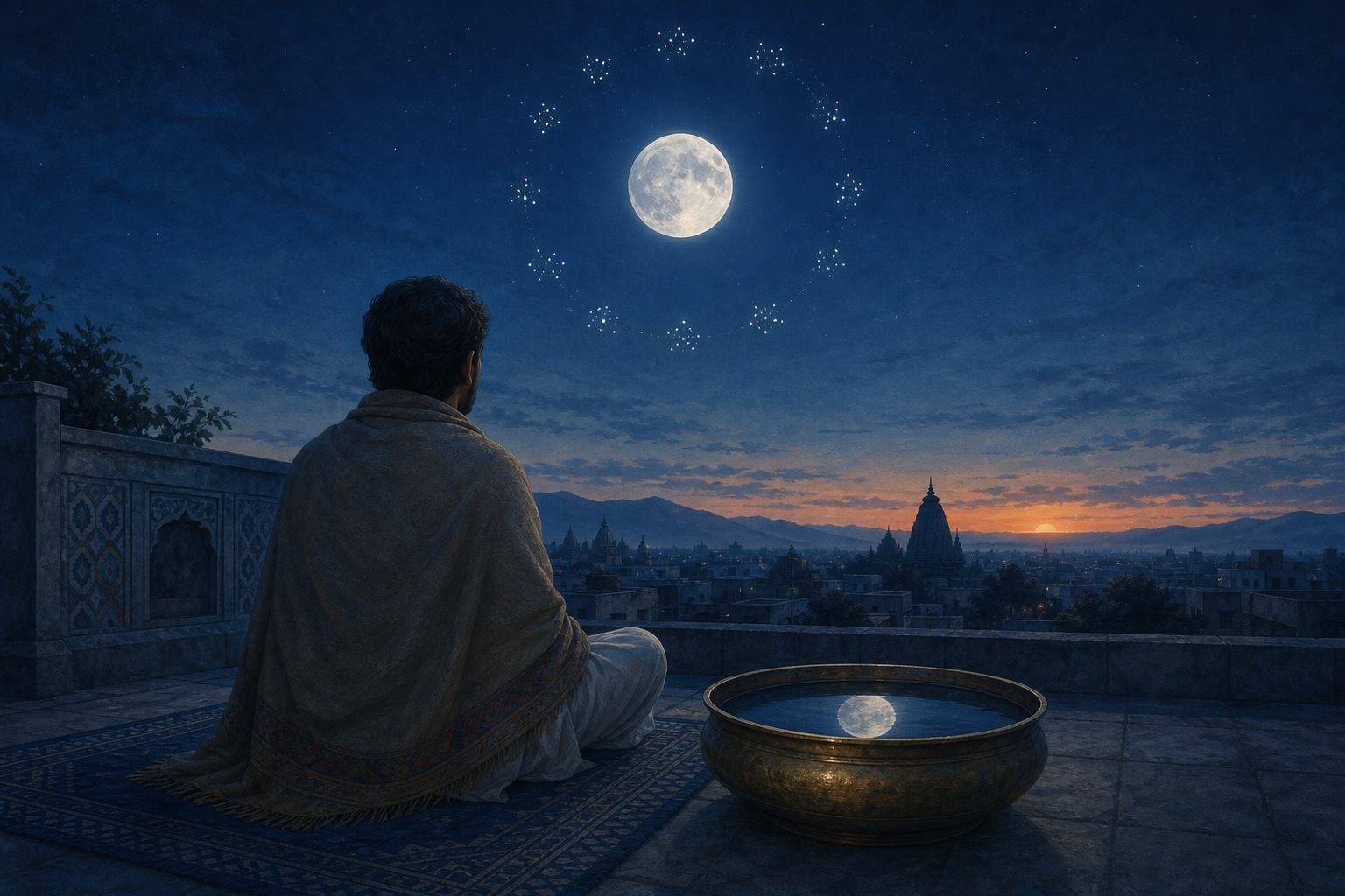An observer on an Indian rooftop studies a bright Moon reflected in a brass bowl while the Sun sets near the horizon.