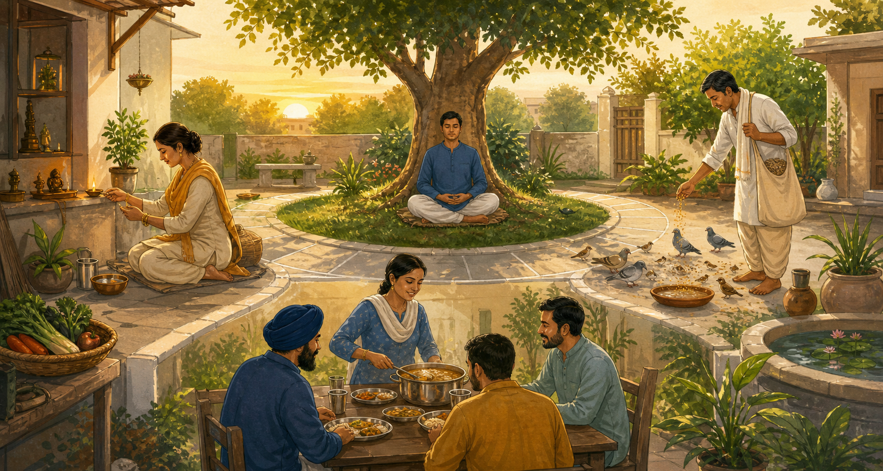Four adults in a dawn courtyard meditate, light a lamp, care for birds, and serve a communal meal along a circular stone path.
