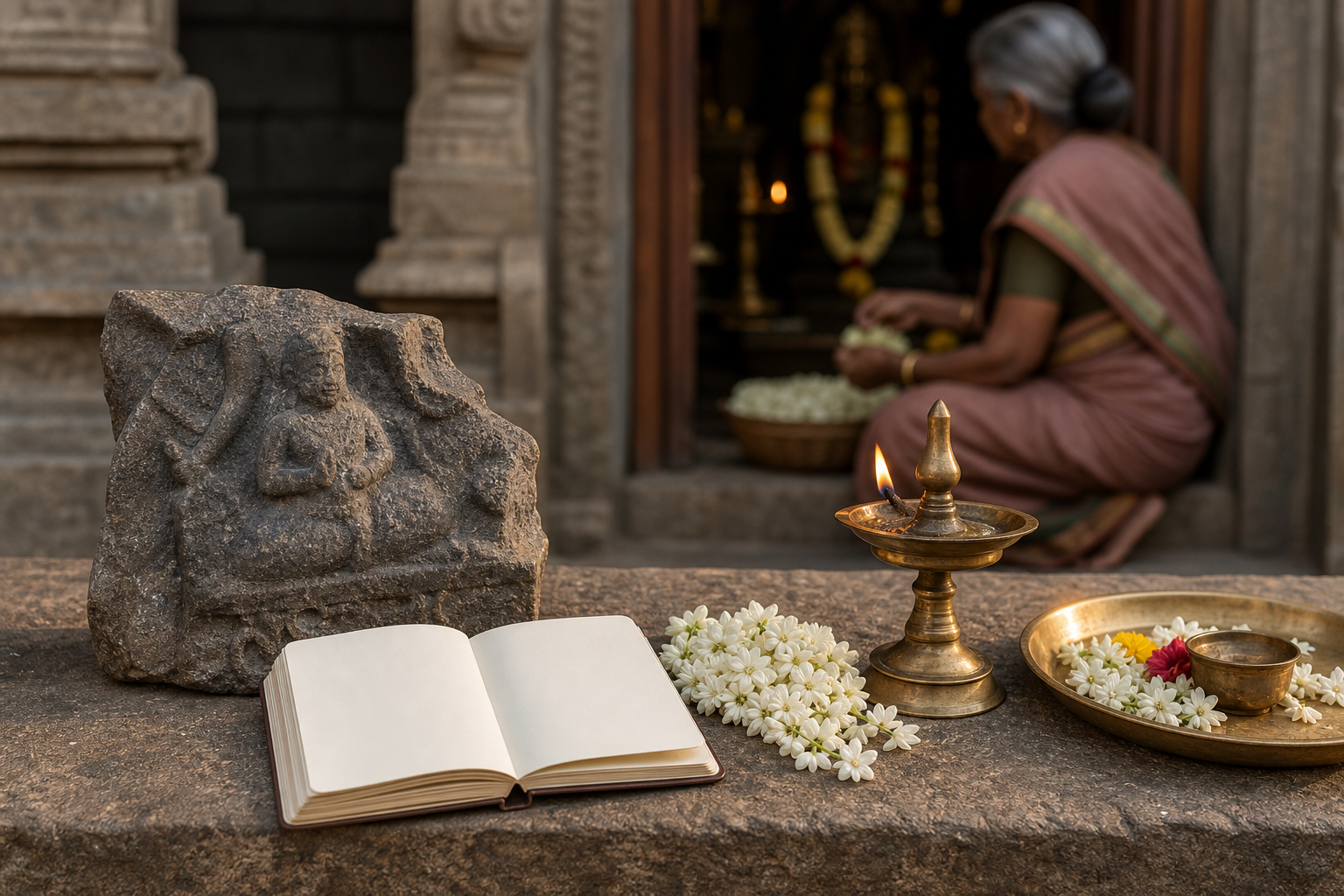 A weathered stone carving, blank field notebook, jasmine flowers and an oil lamp rest together in an active temple courtyard.