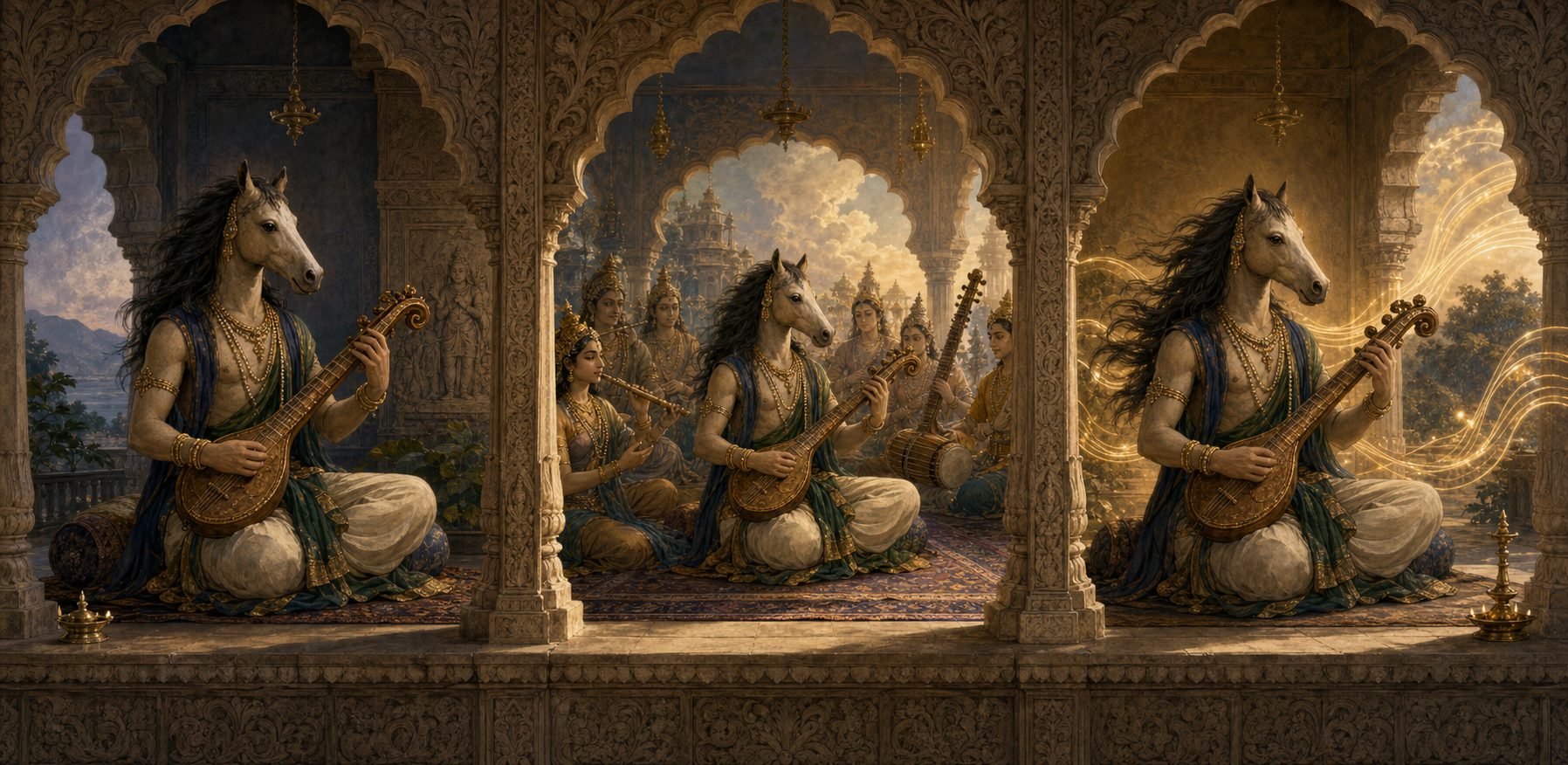 Three adjoining temple alcoves show Tumburu's visible attributes, his place among Gandharva musicians, and a final scene combining horse-like vitality with measured music.
