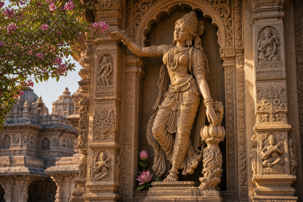 Stone apsara sculpture in an ornate Hindu temple niche with flowering tree and lotus details
