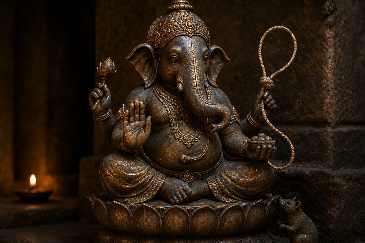 A seated bronze Ganesha holds a loose open pasha in an upper hand and raises a lower hand with the palm facing outward; a small mouse rests near the pedestal.
