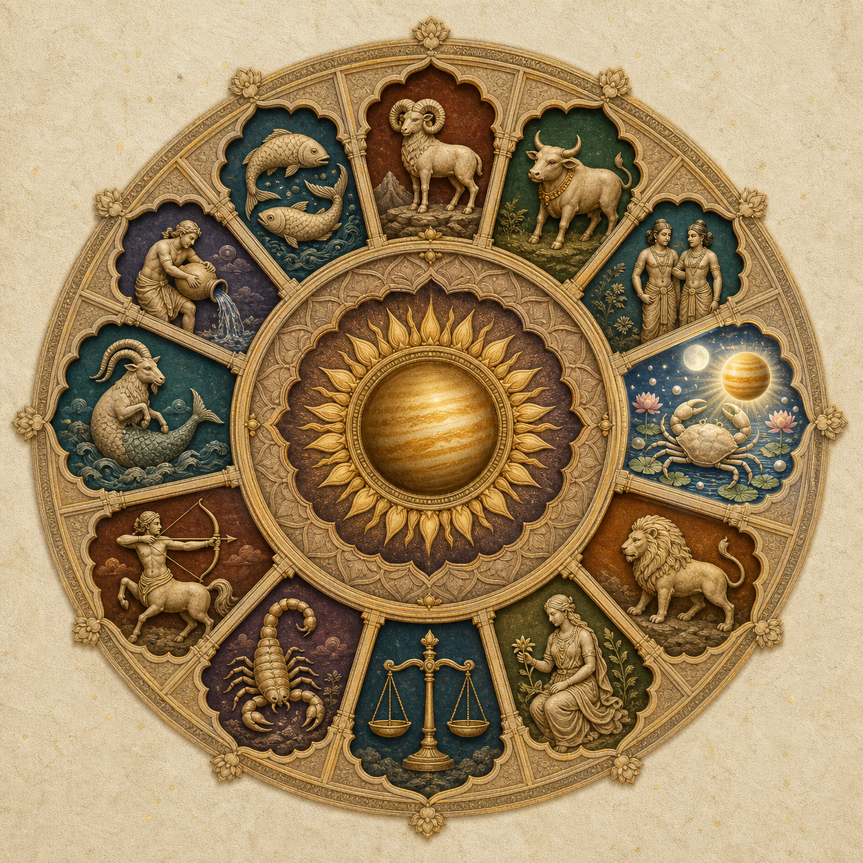 A circular mandala has twelve illustrated zodiac alcoves, with a glowing golden Jupiter sphere placed in the crab alcove.