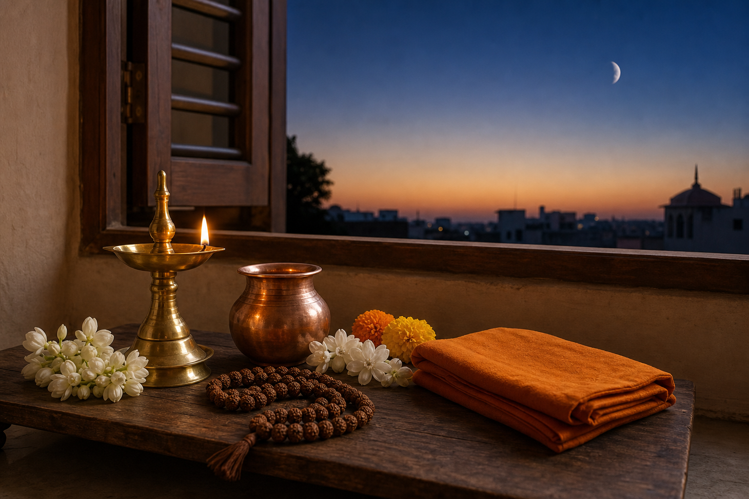 A brass oil lamp, prayer beads, flowers, and a copper vessel arranged beside a window under a waning moon at twilight.