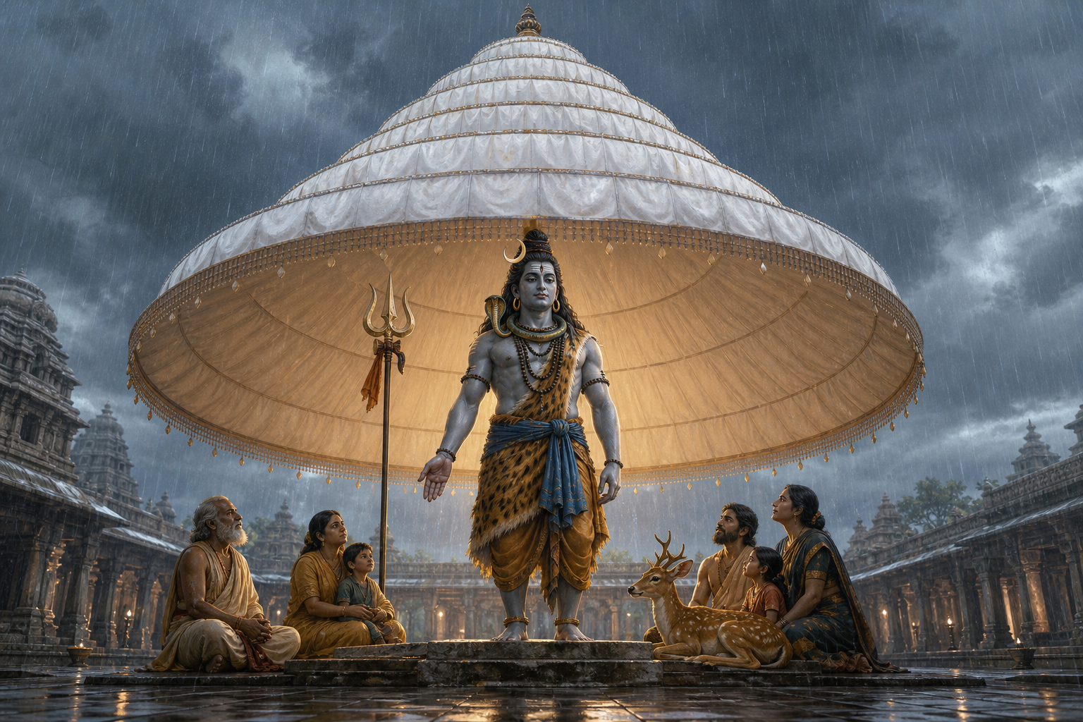 A fierce form of Shiva stands beside a trident under a tiered white parasol whose shadow shelters several pilgrims and a deer from monsoon rain.