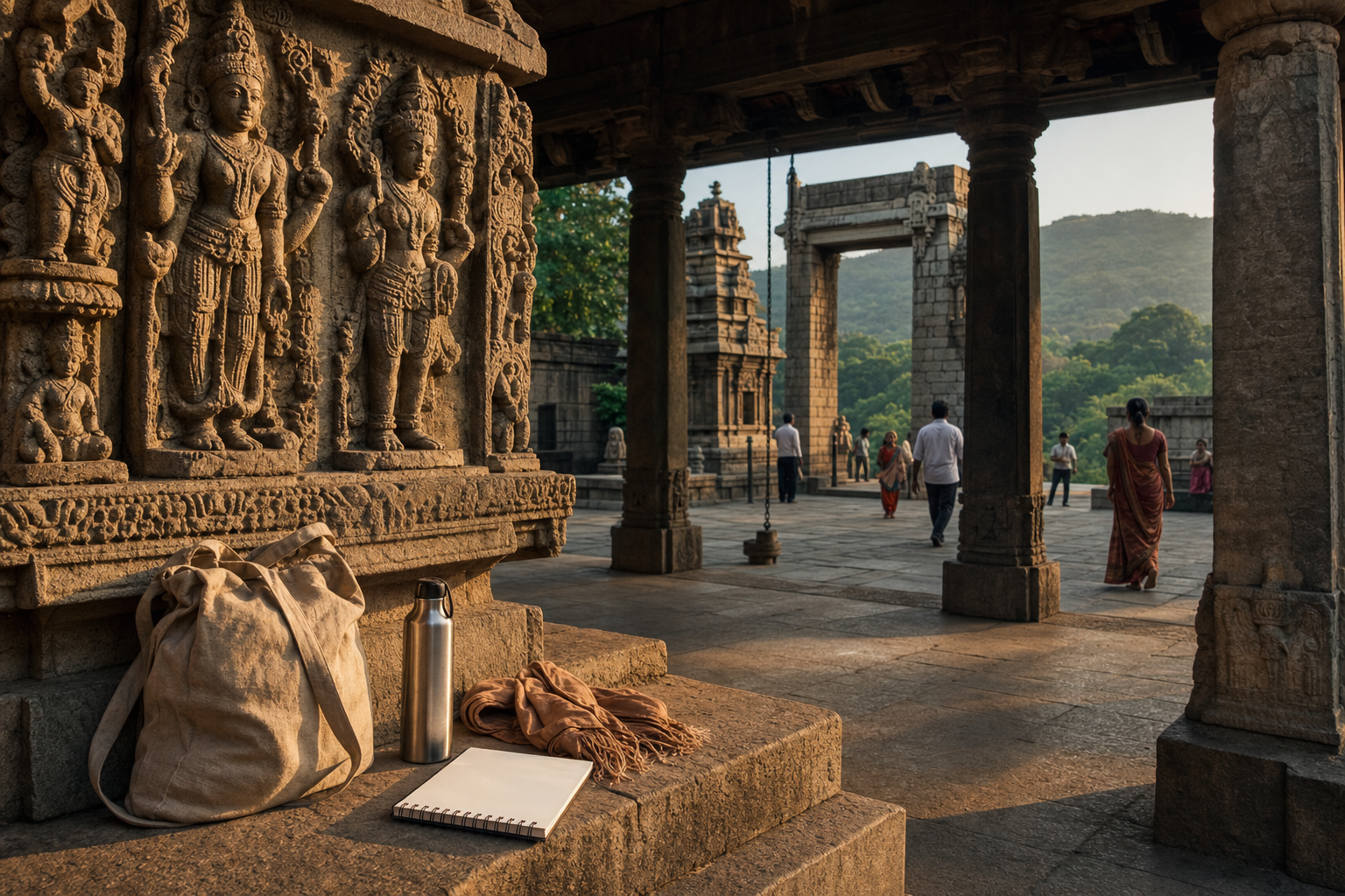 A travel bag and blank sketchbook rest on a stone step beside a carved temple courtyard with green hills beyond.