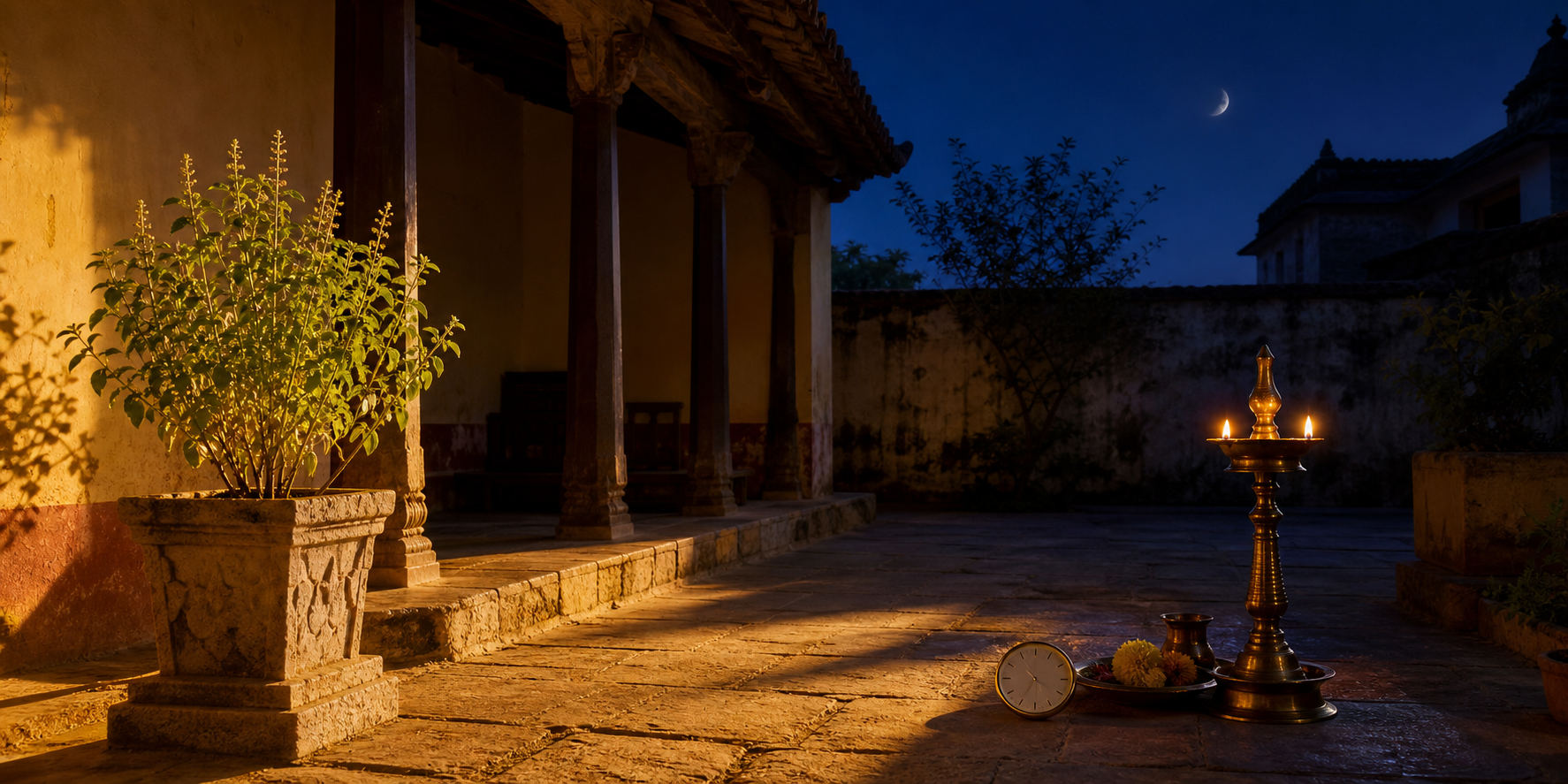 An Indian courtyard changes from afternoon sunlight to lamplit night, with a numeral-free clock near a worship lamp.