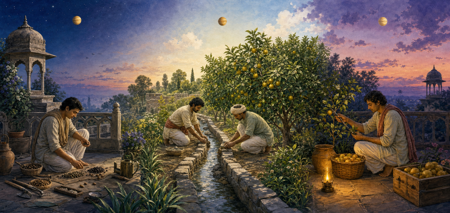 A continuous garden terrace shows people preparing seeds at dawn, cultivating an orchard by day, and pruning and storing fruit at dusk beneath Jupiter.