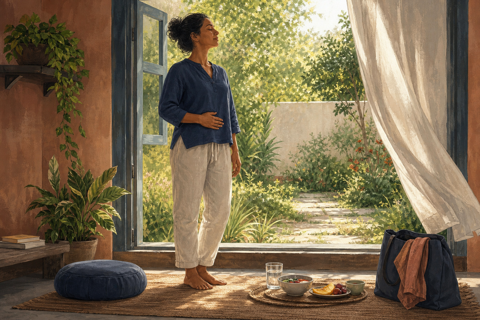 An adult stretches and breathes on a morning veranda beside water, breakfast, a meditation cushion, plants, and a work bag.