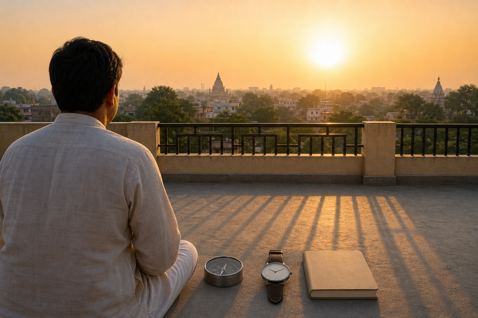 A person watches sunrise from an Indian rooftop beside an unmarked compass and a watch without numerals.