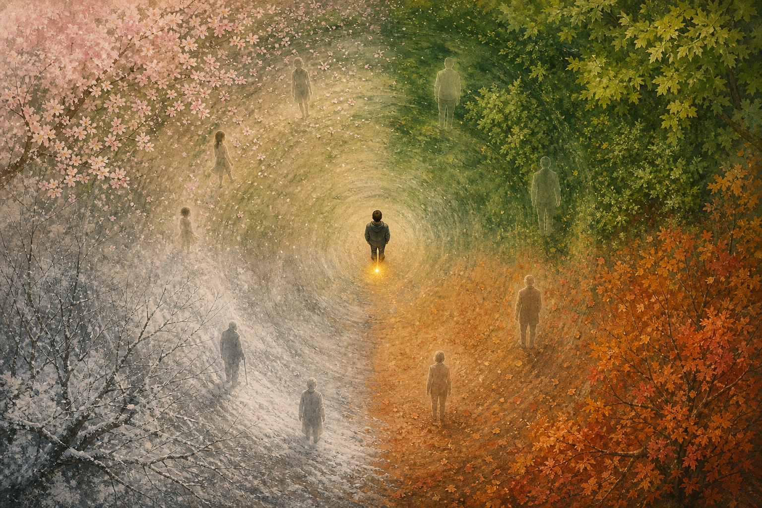 A central figure stands within a circular landscape showing four seasons, with faint silhouettes suggesting different stages of life.