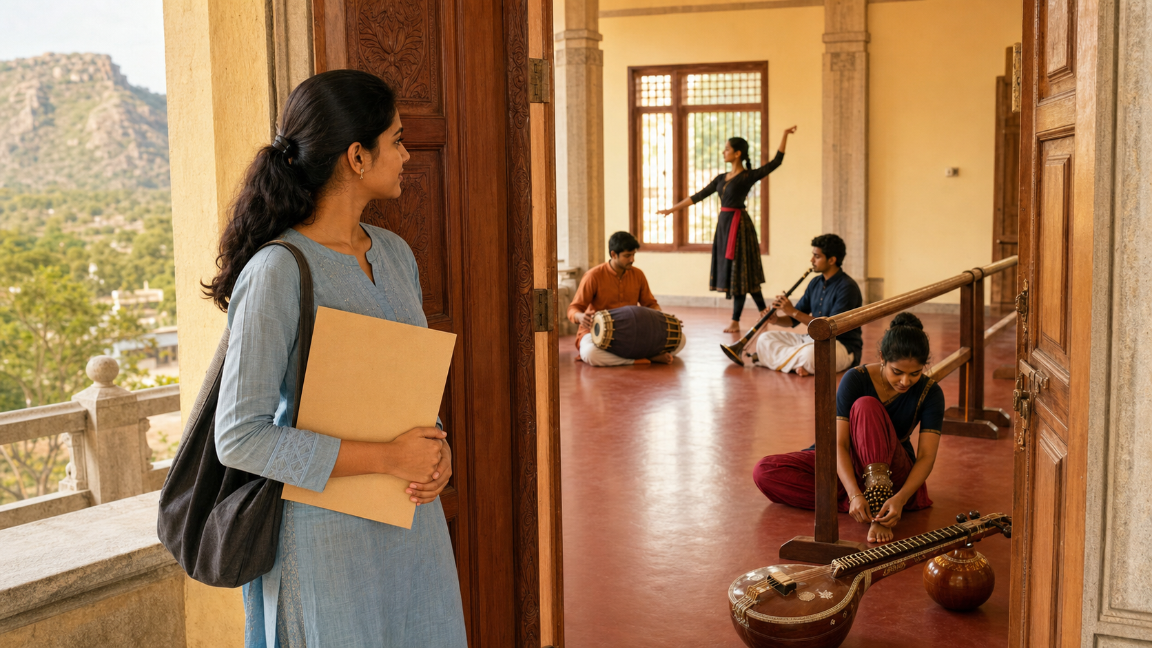 A performing-arts applicant holding a document folder looks into a Tirupati rehearsal hall where students practice music and classical dance.