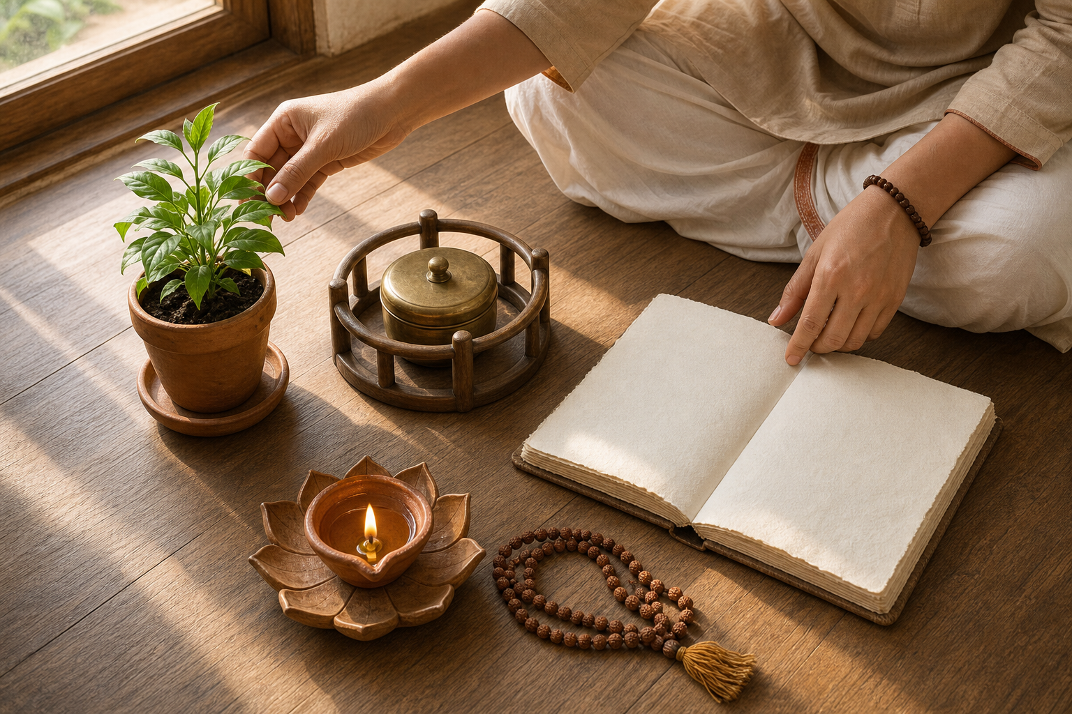 Hands arrange a potted plant, a guarded brass container, and a burning oil lamp beside a blank notebook and prayer beads.